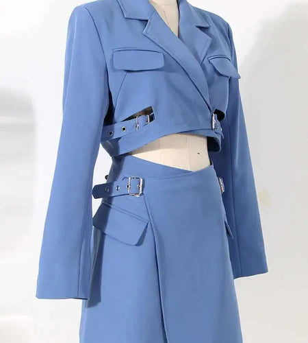Women Blue Cross Buckle Hollow Out Blazer Dress New Lapel Long Sleeve Loose Fit Fashion Tide Spring Autumn 2025 1DE3323