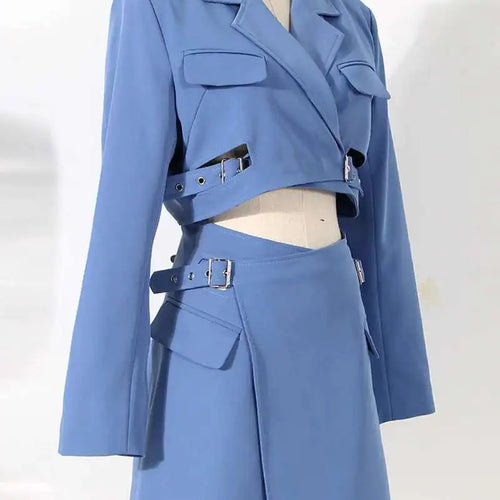 Load image into Gallery viewer, Women Blue Cross Buckle Hollow Out Blazer Dress New Lapel Long Sleeve Loose Fit Fashion Tide Spring Autumn 2025 1DE3323
