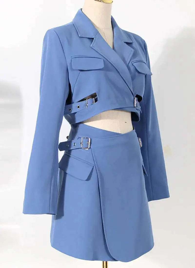 Women Blue Cross Buckle Hollow Out Blazer Dress New Lapel Long Sleeve Loose Fit Fashion Tide Spring Autumn 2025 1DE3323