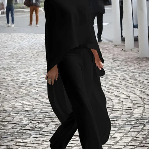 Load image into Gallery viewer, Women&#39;s White Two Pieces Set 2024 Autumn High-Neck High-Low Loose Tops &amp; Wide Leg Pants Suits Streewear Black
