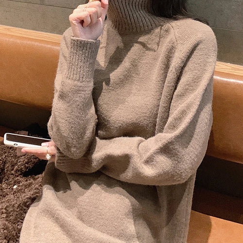 Load image into Gallery viewer, Woman Dress Turtleneck Slim Knit Sweater Dress Women Autumn Winter New Korean Style Long Sleeve Loose Base Beige Dress
