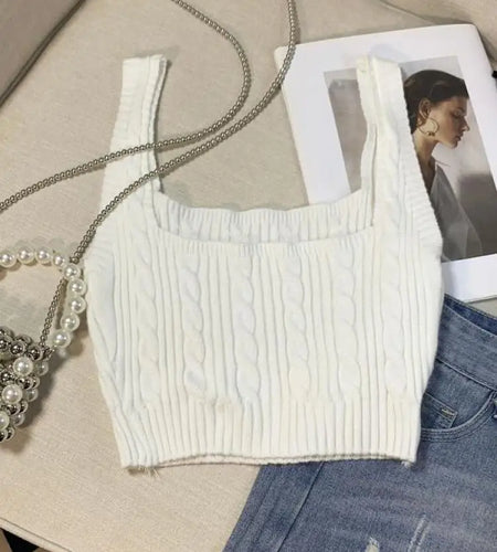 French White Basic Sleeveless Knit Top For Women Pink Blue Office Lady Elegant Summer Square Collar Short Vest Trend Popular New