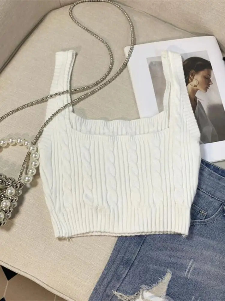 French White Basic Sleeveless Knit Top For Women Pink Blue Office Lady Elegant Summer Square Collar Short Vest Trend Popular New