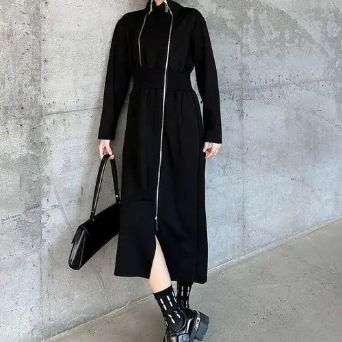Load image into Gallery viewer, Women Black Zipper Irregular Hem Slit Midi Dress New Turtleneck Long Sleeve Fashion Tide Spring Autumn 2025 1DH9354
