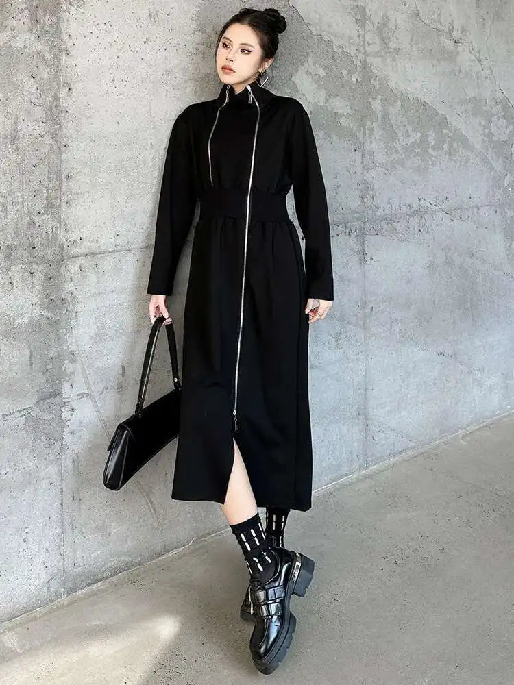 Women Black Zipper Irregular Hem Slit Midi Dress New Turtleneck Long Sleeve Fashion Tide Spring Autumn 2025 1DH9354