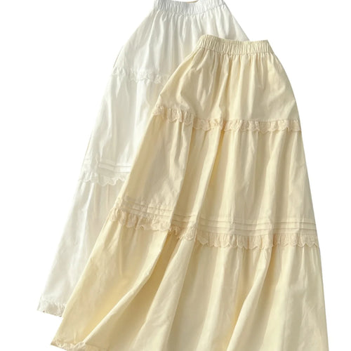 Load image into Gallery viewer, Vintage Elegant Women White High Waist Vacation Long Skirts Autumn Winter New Beige Ruffle Edge Pleated Short A-line Skirt Trend
