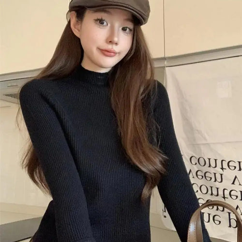 Load image into Gallery viewer, Solid Warm Elegant Fashion Half Turtleneck Sweater Women 2023 Autumn Winter Vintage Basic Long Sleeve Plush Pullover Tops Simple

