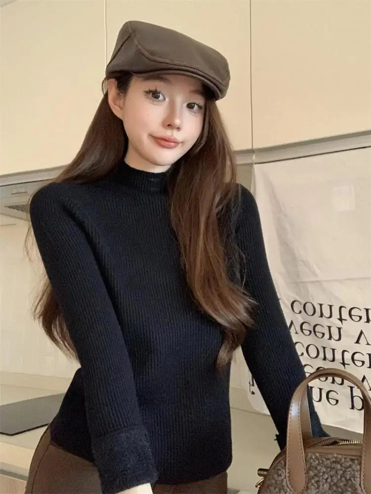 Solid Warm Elegant Fashion Half Turtleneck Sweater Women 2023 Autumn Winter Vintage Basic Long Sleeve Plush Pullover Tops Simple