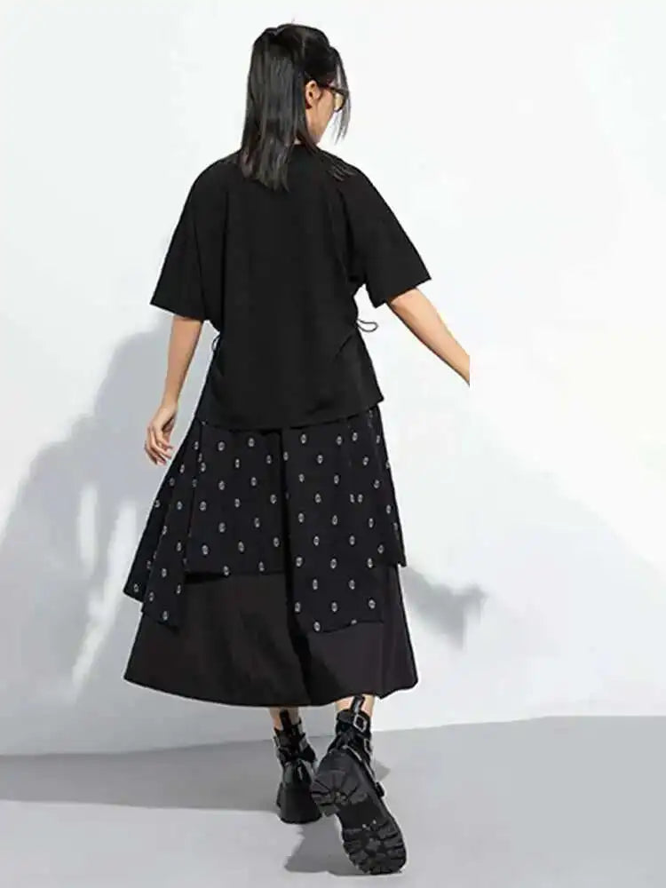 Women Black Dot Printed Color-block Big Size T-shirt New Round Neck Short Sleeve Fashion Tide Spring Summer 2025 1DH5058