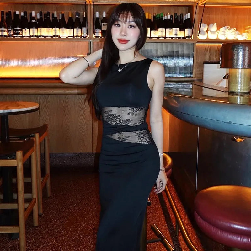 Sheer Lace Sleeveless Sexy Maxi Dress For Women Gown Summer Patchwork Fashion O Neck Bodycon Long Tank Dress Vestido