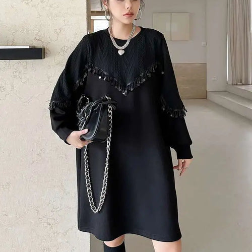 Load image into Gallery viewer, Women Black Sequins Big Size Knee-Length Casual Dress New Round Neck Long Sleeve Fashion Tide Spring Autumn 2025 1DH8736
