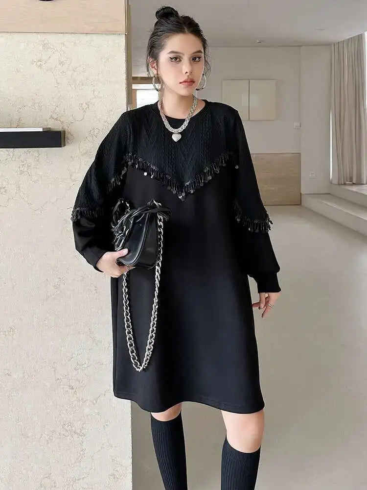 Women Black Sequins Big Size Knee-Length Casual Dress New Round Neck Long Sleeve Fashion Tide Spring Autumn 2025 1DH8736