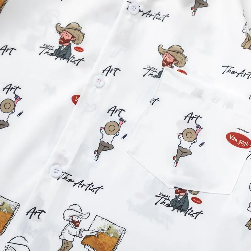 Harajuku Hawaiian Shirts Cartoon Van Gogh Graphic Printed Summer Beach Blouse Hip Hop Casual Baggy Short Sleeve Button Up Tops