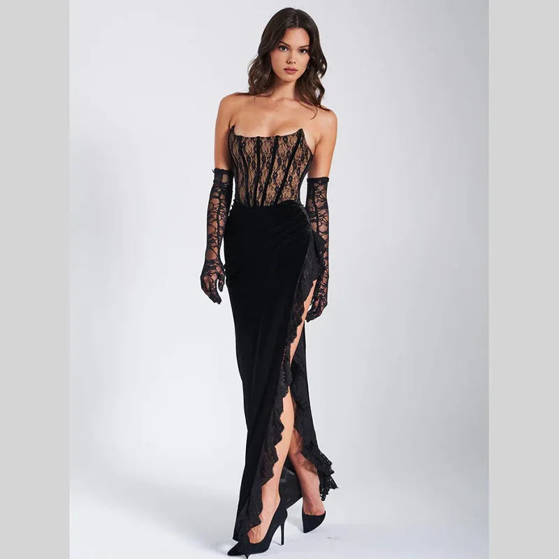 Elegant Lace Strapless Maxi Dress For Women Fashion Black Sleeveless Backless Bodycon Club Party Sexy Long Dress