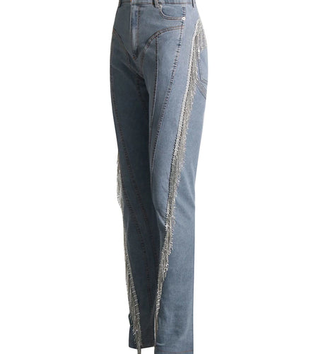 Slim Solid Denim Pencil Pants For Women High Waist Patchwork Diamonds Tassel Skinny Jeans Female Fashion Style