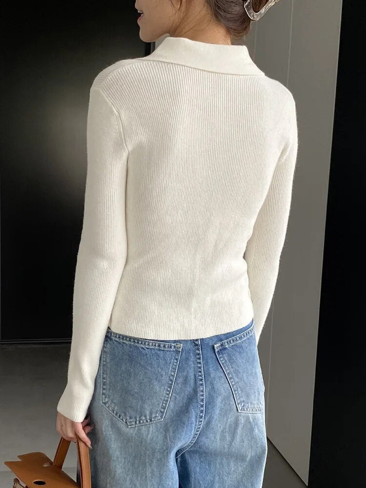 Solid Minimalist Knitting Sweaters For Women Lapel Long Sleeve Patchwork Button Slimming Sweater Female Fashion