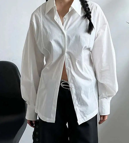 Women White Back Button Pleated Big Size Elegant Blouse New Lapel Long Sleeve Shirt Fashion Spring Autumn 2025 1DJ0301