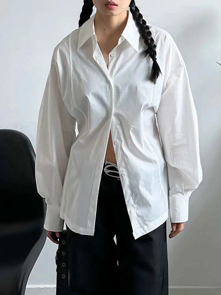 Women White Back Button Pleated Big Size Elegant Blouse New Lapel Long Sleeve Shirt Fashion Spring Autumn 2025 1DJ0301