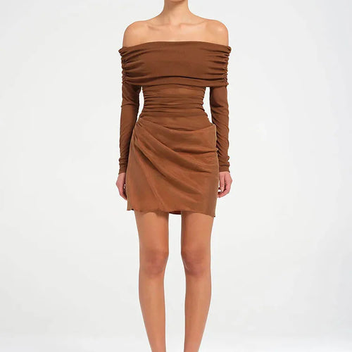 Load image into Gallery viewer, Hollow Out Off-shoulder Sexy Mini Dress Women Fashion Patchwork Strapless Long Sleeve Backless Ruched Club Dress
