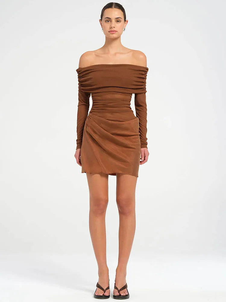 Hollow Out Off-shoulder Sexy Mini Dress Women Fashion Patchwork Strapless Long Sleeve Backless Ruched Club Dress