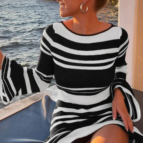 Load image into Gallery viewer, Black White Striped Knit Sweater Dress Resort Wear Sexy Flared Long Sleeve Backless Short Dresses Fall 2023 C16-ED45
