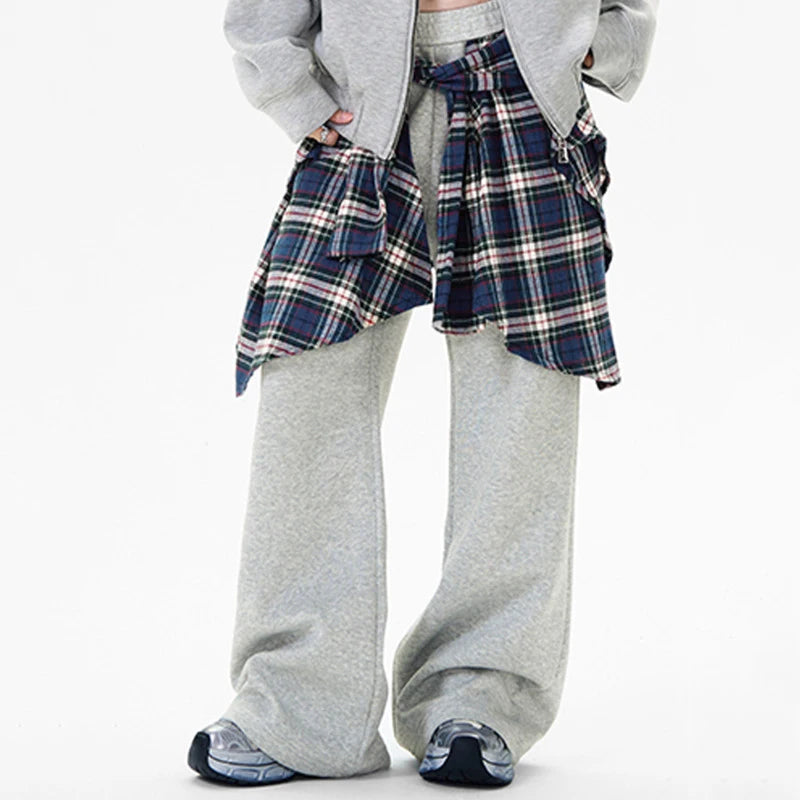 American Style Male Sweatpants High Street Fake Two-piece Spliced Plaid Peplum Design Solid Color Men's Pants 9W1857