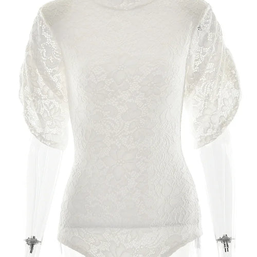 Load image into Gallery viewer, Fashion Lace Splicing Bottom Shirt Women's Tight Jumpsuit Elegant High Collar Half Sleeve Slim Bodysuit Sexy Party Club
