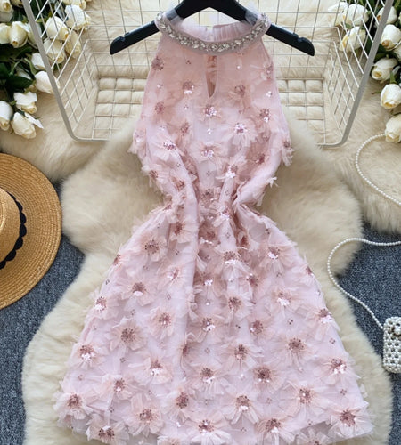 French Retro Women Pink Sequin Diamonds Elegant Hollow Out Halter Short Dress Summer Sleeveless Evening Party Dress Popular Chic