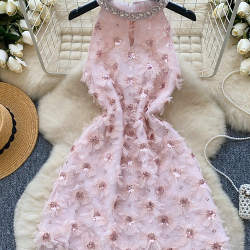 Load image into Gallery viewer, French Retro Women Pink Sequin Diamonds Elegant Hollow Out Halter Short Dress Summer Sleeveless Evening Party Dress Popular Chic
