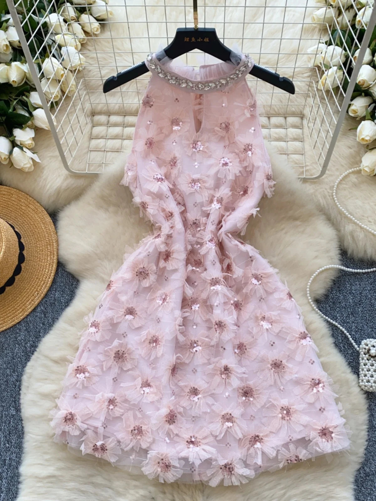 French Retro Women Pink Sequin Diamonds Elegant Hollow Out Halter Short Dress Summer Sleeveless Evening Party Dress Popular Chic