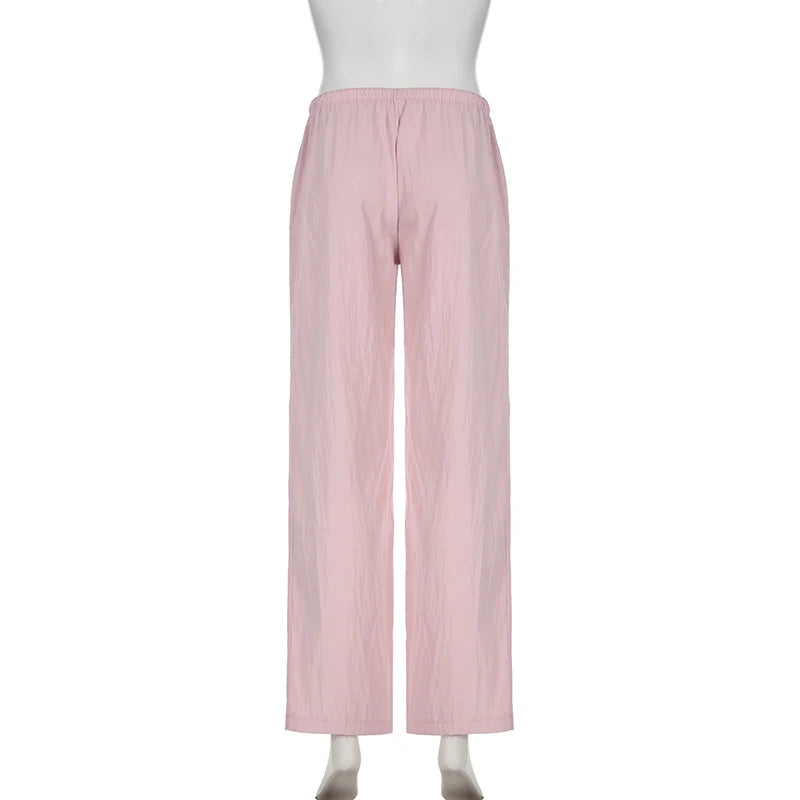 Casual Loose Solid Drawstring Basic Women Pants Homewear Korean All-Match Full Length Trousers Pink Sweet Capris New