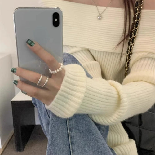 Load image into Gallery viewer, Harajuku Slash Neck Solid Sweaters Grunge Vintage Women Bottoming Pullovers Off Shoulder Y2k Aesthetic Casual Knitted Jumper

