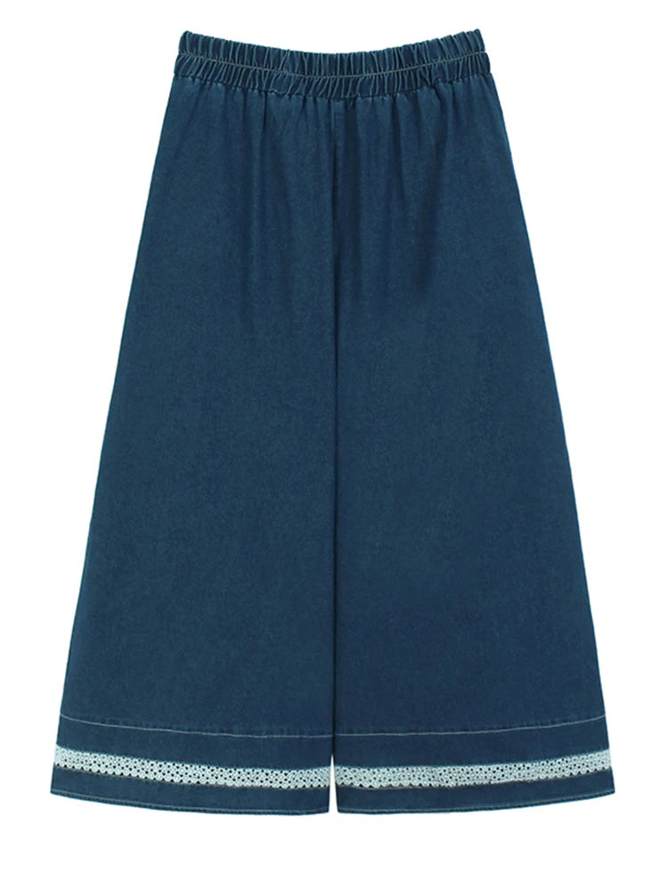 High Waist Blue Lace Hollow Out Denim Long Wide Leg Jeans New Women Trousers Fashion Tide Spring Autumn 2025 1DH9655