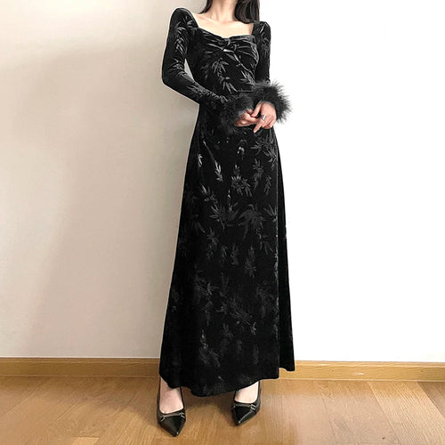Load image into Gallery viewer, Fashion Elegant Jacquard Winter Dress Velour Faux Fur Trim A-Line Black Party Dress Evening Ladies Clothing Fold Slim
