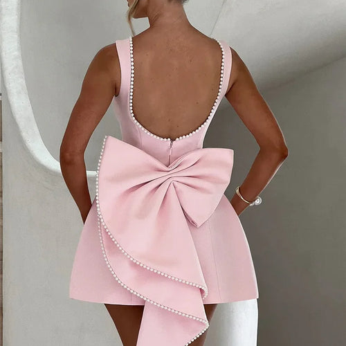 Load image into Gallery viewer, Pearl Bow Backless Sexy Mini Dress For Women Robe Fashion Zipper Sleeveless High Waist A-line Club Party Dress Elegant
