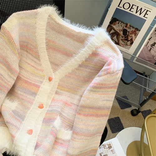 Load image into Gallery viewer, Autumn Winter Rainbow Striped Gradient Long Sleeved Short Hairy Sweater Women's V-neck Single Breasted Knit Pullover Tops 2024
