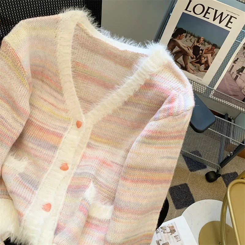 Autumn Winter Rainbow Striped Gradient Long Sleeved Short Hairy Sweater Women's V-neck Single Breasted Knit Pullover Tops 2024