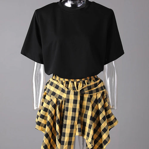 Load image into Gallery viewer, Black T-shirt Plaid Bandage Skirt Two Pieces Suit New Round Neck Short Sleeve Women Fashion Spring Summer 2025 CPG3159
