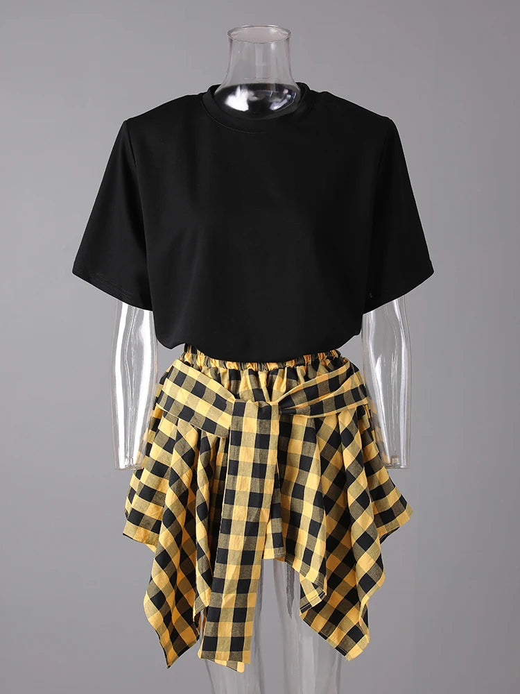 Black T-shirt Plaid Bandage Skirt Two Pieces Suit New Round Neck Short Sleeve Women Fashion Spring Summer 2025 CPG3159