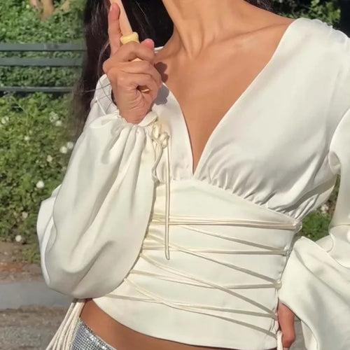 Load image into Gallery viewer, Fashion Satin Long Sleeve Slim Fit Women's Top T-shirt Sexy Deep V Waist Female Top Autumn/Winter 2025 Street Clothing
