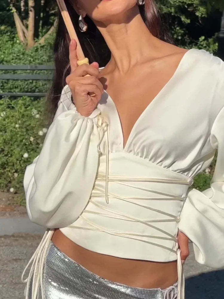 Fashion Satin Long Sleeve Slim Fit Women's Top T-shirt Sexy Deep V Waist Female Top Autumn/Winter 2025 Street Clothing