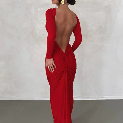 Load image into Gallery viewer, Women Fashion Long Sleeves Backless Draped Sexy Slim Maxi Dress 2025 Spring Elegant Streetwear Party Club Y2K Outfit
