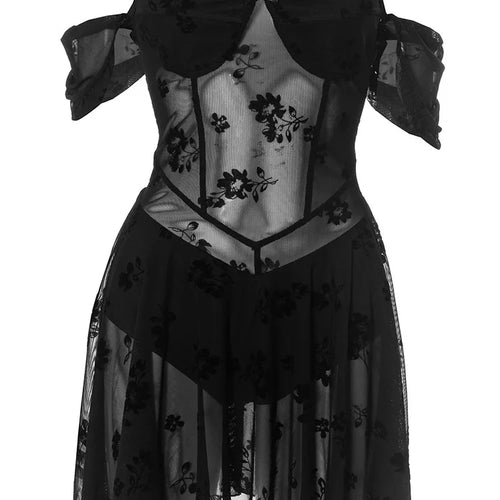 Load image into Gallery viewer, See Through Lace Sexy Mini Dress Women Patchwork Short Sleeve Square Collar Backless High Waist Pleated Club Dress
