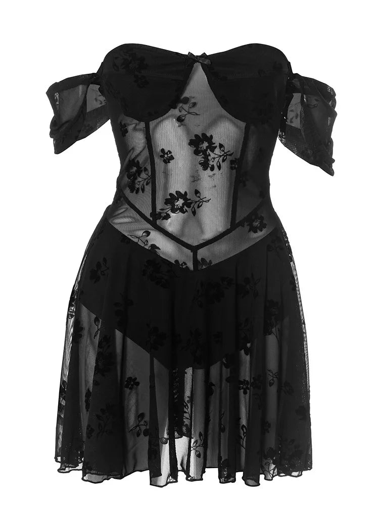 See Through Lace Sexy Mini Dress Women Patchwork Short Sleeve Square Collar Backless High Waist Pleated Club Dress