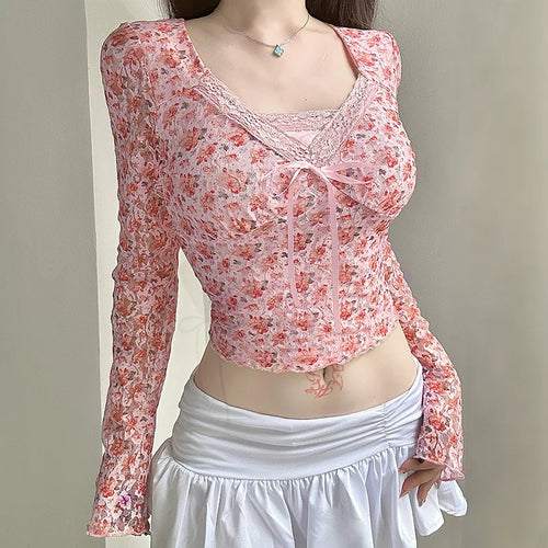 Load image into Gallery viewer, y2k Coquette Top Women Fall Clothes Floral Print V Neck Lace Patchwork Long Sleeve T Shirt 2000s Aesthetic Clothing
