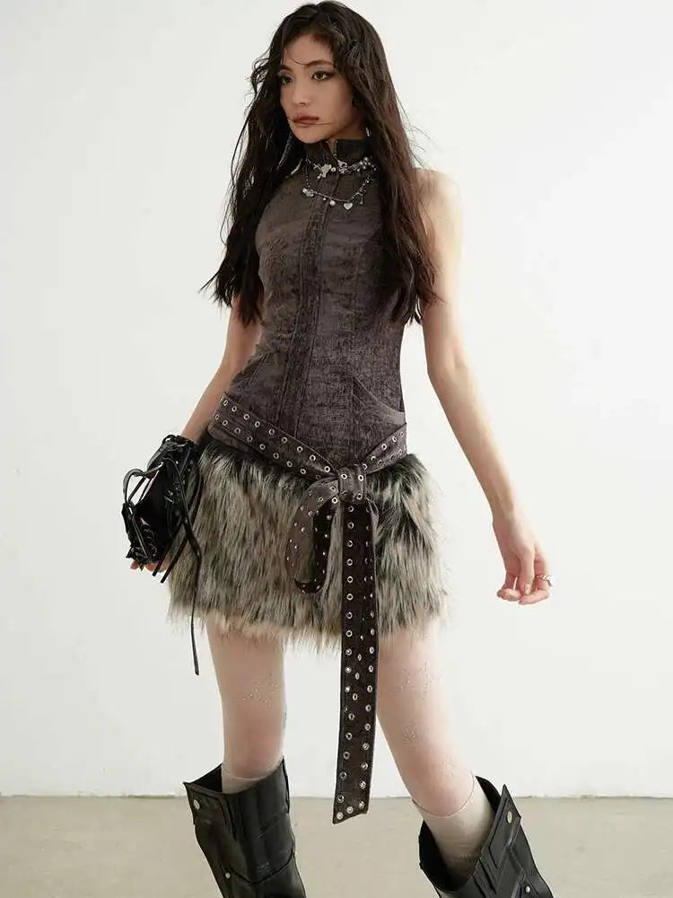 Women Gray Fur Spliced Bandage Elegant Mini Dress New Turtleneck Sleeveless Fashion Tide Spring Autumn 2025 1DH9342