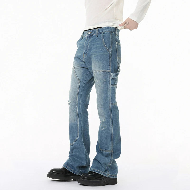Korean Style Men's Denim Trousers Solid Color Menswear Patchwork Worn-out Mill White Straight Wide Leg Male Jeans 9W1264