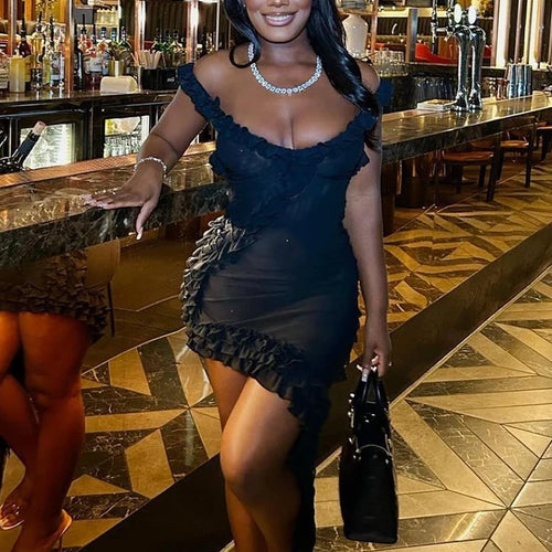 Load image into Gallery viewer, Sexy Double Layer Mesh Ruffles Asymmetrical Women's Dress Draped  Backless Slim Dress Female Party Streetwear 2023 New
