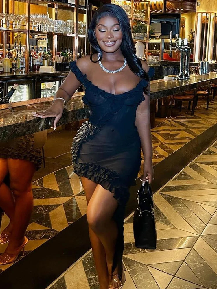 Sexy Double Layer Mesh Ruffles Asymmetrical Women's Dress Draped  Backless Slim Dress Female Party Streetwear 2023 New