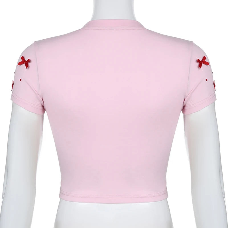 Sweet Bow Kawaii Crop Top Women Round Neck Slim Korean Fashion Summer T-shirts Cute Coquette Baby Tees Y2K Pink Shirt